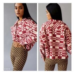 BDG Urban Outfitters Caleb Oversized Crop Boxy Flannel Shirt Sz Small Red White